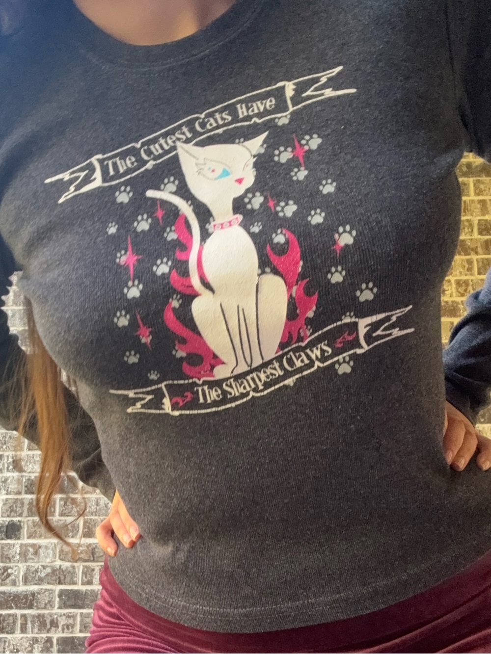 Steve & Barry's Charcoal Cat Graphic Tee with Pink & White Accents